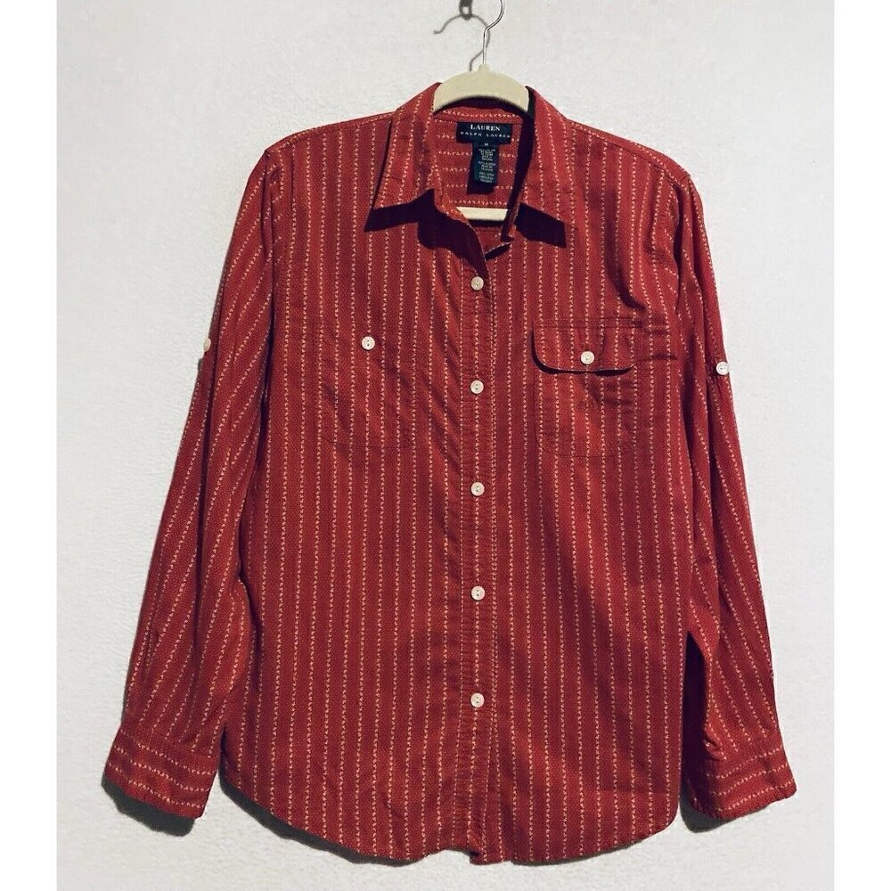Ralph Lauren Top Womens Medium Red Cream Striped Button Up Long Sleeve Boho